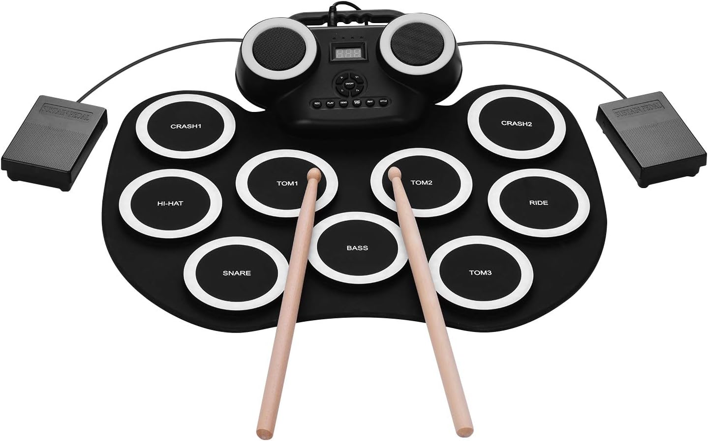 Morelian Portable Roll-up Electronic Drum Pad Silicon Digital Drum with Built-in Speakers Foot Pedals Headphone Monitoring Colorful Light Built-in Battery