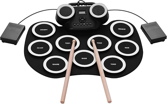 Electronic Drum Set,Roll-up Electronic Drum Pad with Build-in Stereo Speakers,9 Pads Silicone Electronic Drum for Beginner,Foot Pedals Headphone Monitoring Colorful Light(Type 2)