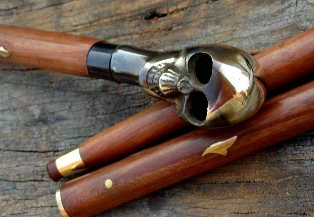 Bastone da passeggio in legno a forma di teschio in ottone anticato, con manico in ottone e canna in legno, unisex, articolo regalo in 3 posizioni