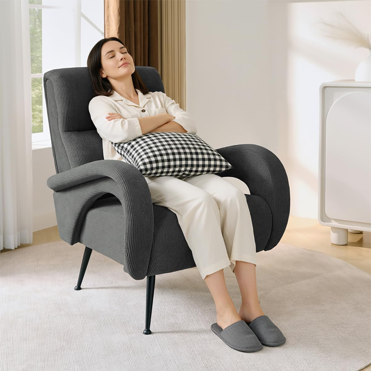 Corduroy Accent Chairs for Living Room, High Back Reading Chairs for Bedroom, Mid-Century Modern Comfy Upholstered Armchair for Bedroom, Reading Nook, Apartment, Dark Grey