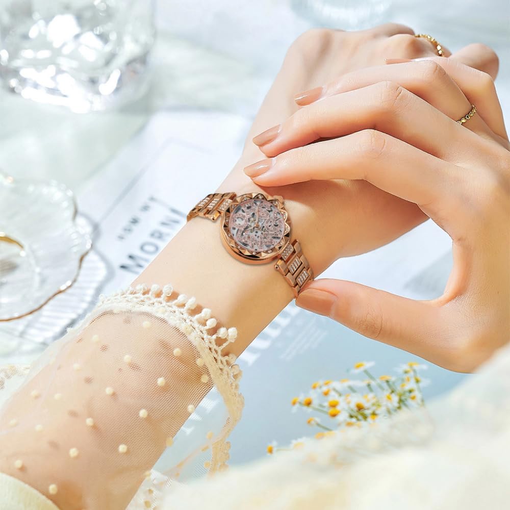Bling strass scava fuori orologio meccanico automatico per le signore unico scheletro design impermeabile in acciaio inossidabile donne eleganti orologi diamante