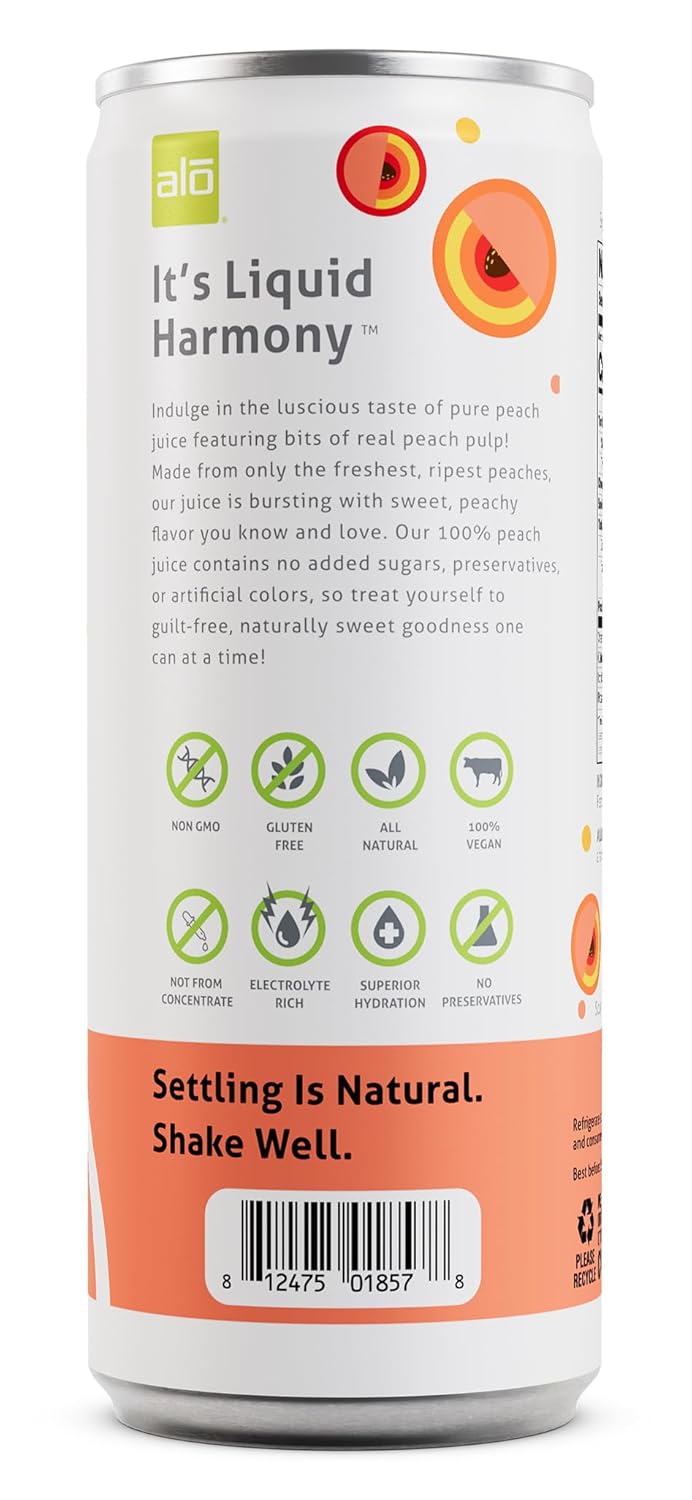 ALO Slim Can Juice, Peach with Real Fruit Pulp| 10.82 fl oz, Pack of 12 | Plant-Based Beverage, 100% Natural Juice