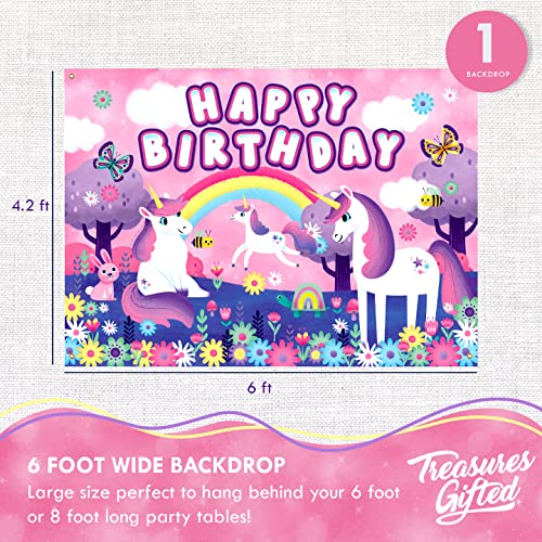 Treasures Gifted Rainbow Unicorn Backdrop - 4.25Ft Tall X 6Ft Wide Unicorn Happy Birthday Banner - Unicorn Birthday Banner - Unicorn Party Decorations - Rainbow Unicorn Birthday Party Supplies #TOP1