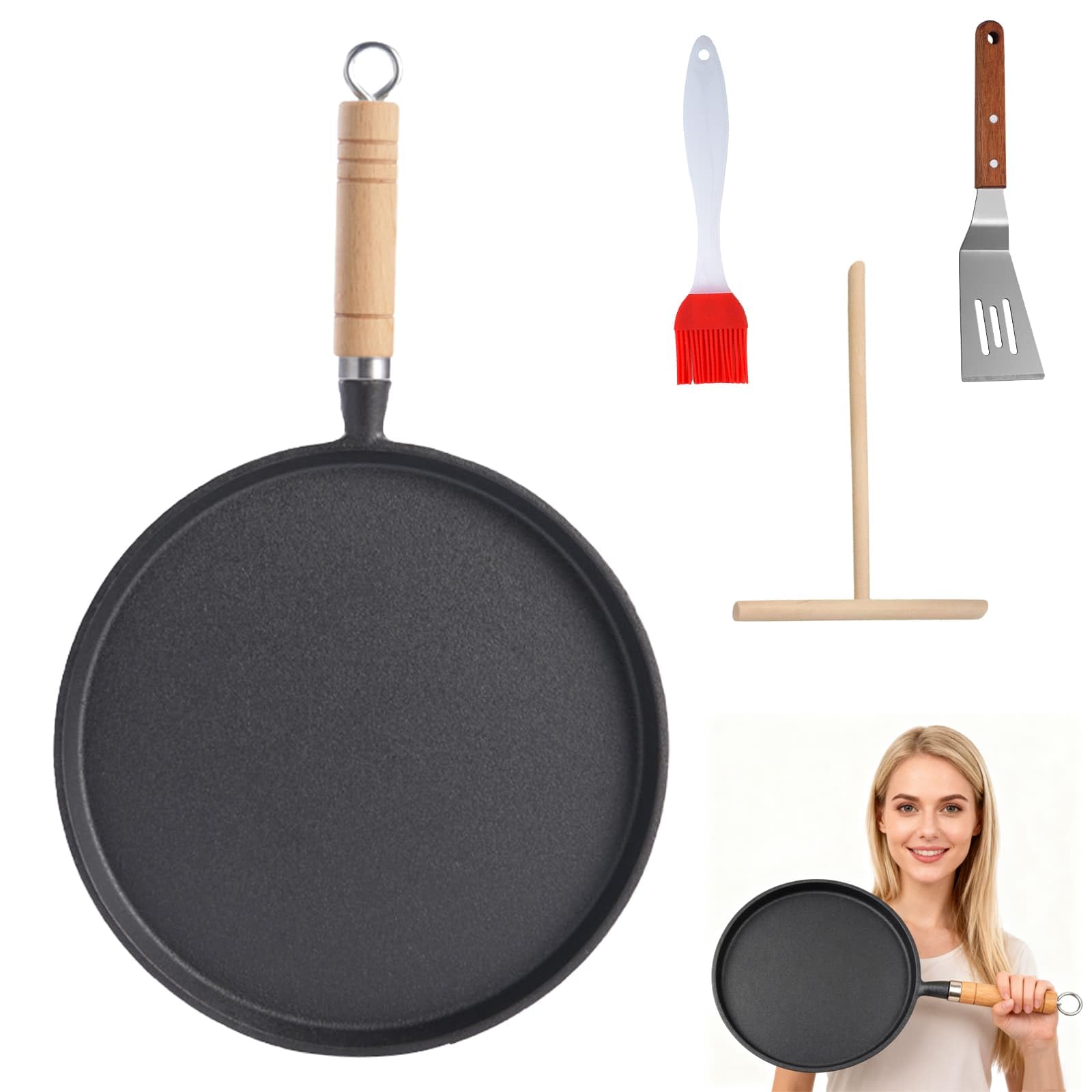 YBLUE Non Stick Crepe Pan, 26cm Dosa Pan with Spreader, Shovel and Oil Brush, Iron Skillet Pancake Round Griddle Thick Nonstick Egg Frying Pan Tortilla Crepe Anti-scalding Wooden Handle, PFOA Free
