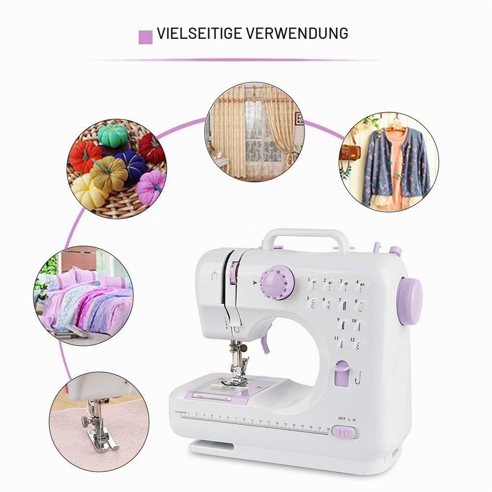 12 Stichmuster Nähmaschine für Kinder und Anfänger, Mini-Modell Mit Fußpedal, Arbeitslicht, für Zuhause, Einsteiger, DIY Begeisterte (505-Upgrade-Modell, Weißes Lila)