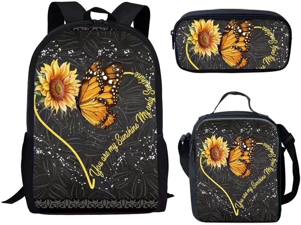 Football School Bookbags With Lunch Bag Pencil Case Casual Daypack, Blue Lightning Soccer Backpacks Set 3-in-1 Kids Durable School Bag (Color : Sunshine Butterfly Flower)