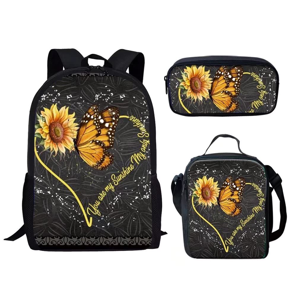 Football School Bookbags With Lunch Bag Pencil Case Casual Daypack, Blue Lightning Soccer Backpacks Set 3-in-1 Kids Durable School Bag (Color : Sunshine Butterfly Flower)