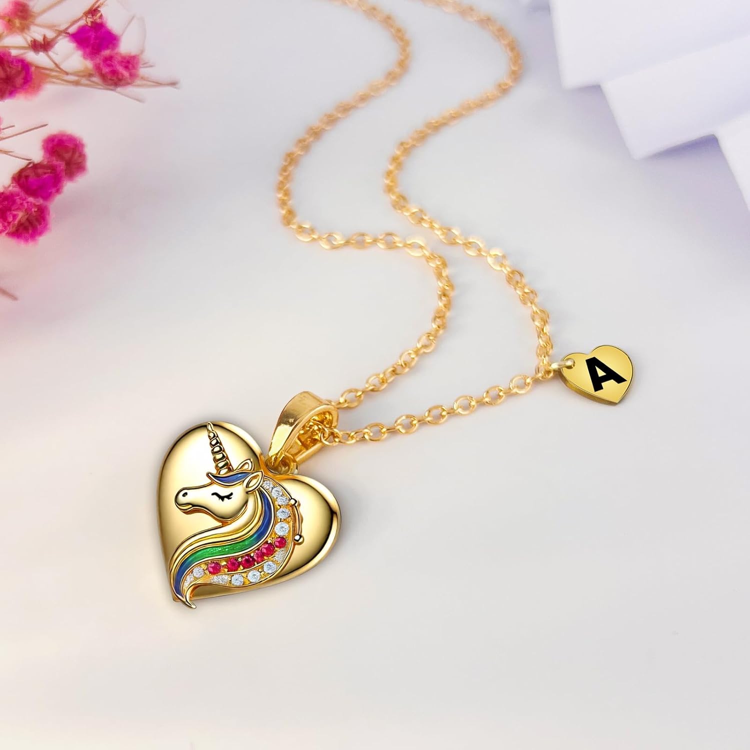 Cute Initial Necklaces for Girls - Colorful CZ Heart Pendant Necklace for Teen Preteen, Personalized Little Girls Jewelry Gifts for Kids