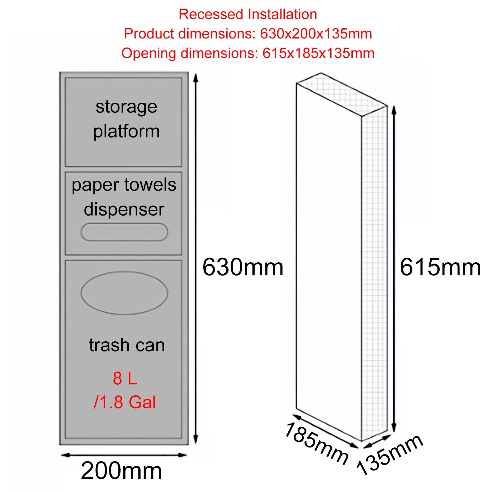 Dispensador Papel Secamanos Empotrado, Dispensador de Toallas de Papel Comercial con Cubo de Basura de Gran Capacidad, Acero Inoxidable 304 para Comercial, Baño(White,630x200x135mm)