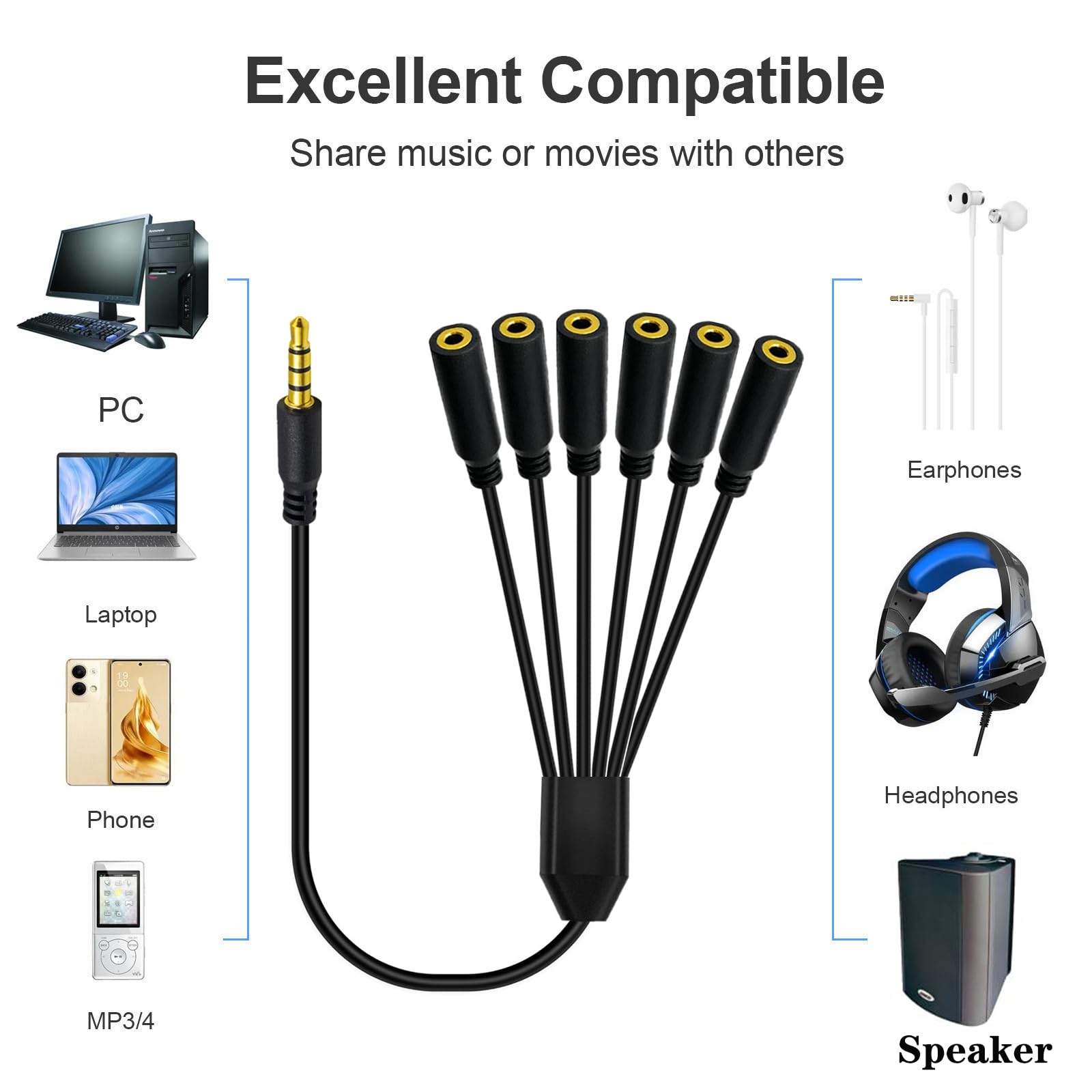 3,5 mm Kopfhörer-Y-Splitter-Audiokabel, 4-polig, 1 auf 6-Wege, 3,5 mm TRRS AUX-Stereo-Klinkenstecker, 1 Stecker auf 6 Buchsen, Adapterkabel für Kopfhörer, Headset, Laptop, Telefon (50 cm) (6