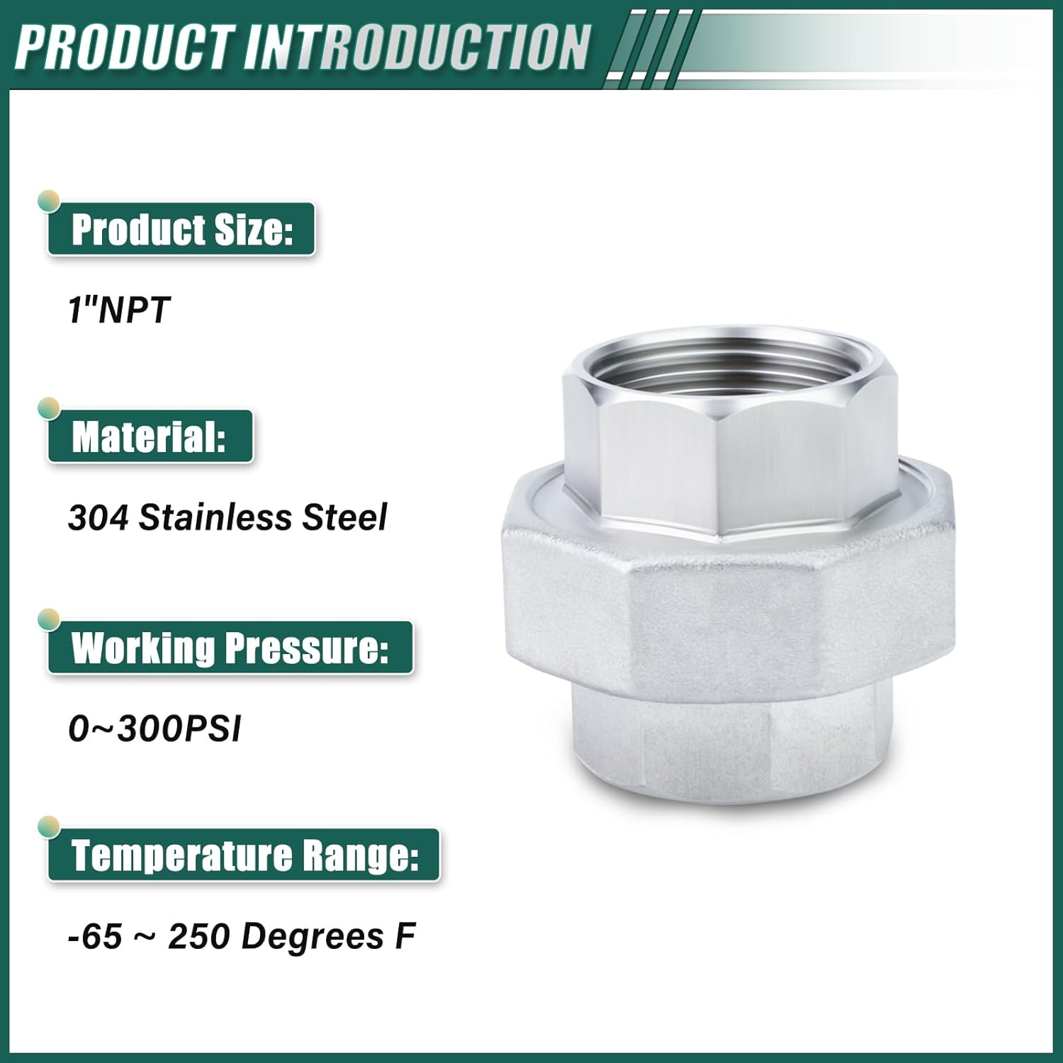 2PCS 304 Stainless Steel Union, 1" NPT Female Cast Pipe Fitting, Nipples and Fittings for fuel/air/liquid/oil/gas