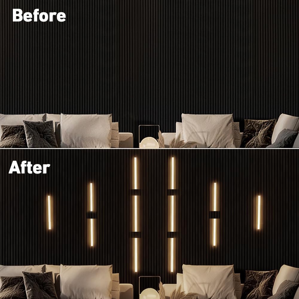 12Pcs 15‘’ Linkable CCT COB Recessed LED Light Bar Kit,2700K~6500K,CR90+,with Rechargeable RF & Alexa Voice Control,for Wood Slat Wall Panel,Home Decor,Cabinet DIY Lighting,Black Channel