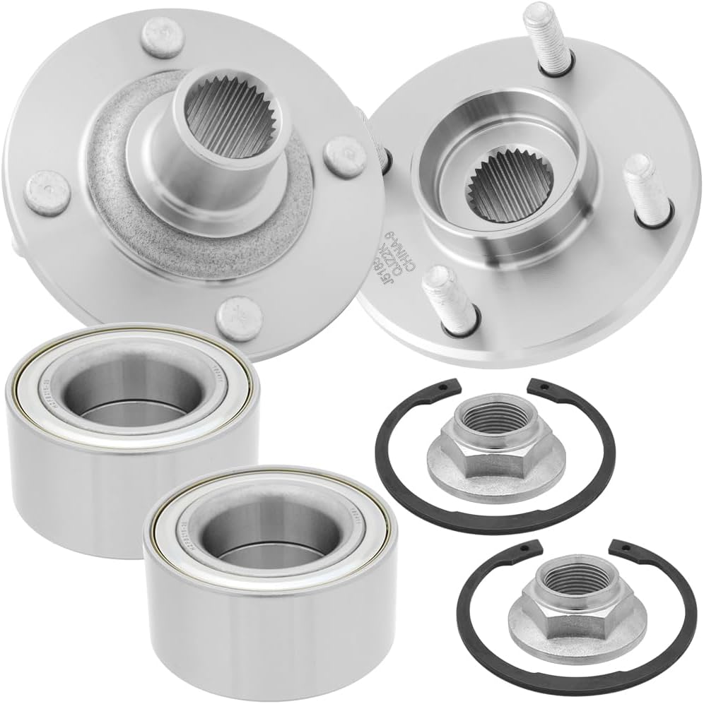 Two QJZ 518518 front wheel hub bearing assemblies, two wheel bearings, two axle nuts, and two snap rings.