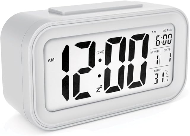sin&mi - Alarm Clock Large LED Display Digital Alarm Clock Snooze Activated Night Light Features White