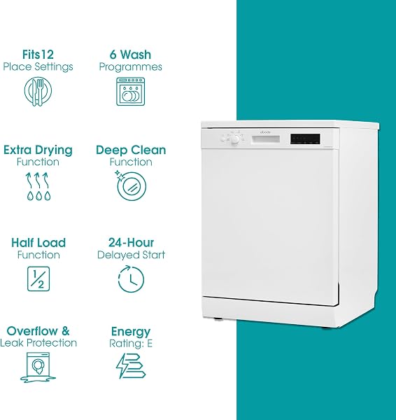 Abode Freestanding Dishwasher Class E with 12 Place Settings, 6 Wash Programs, 24-Hour Delay Start, Removable Cutlery Basket & Deep Clean Function in White A60DW00E1W - 2
