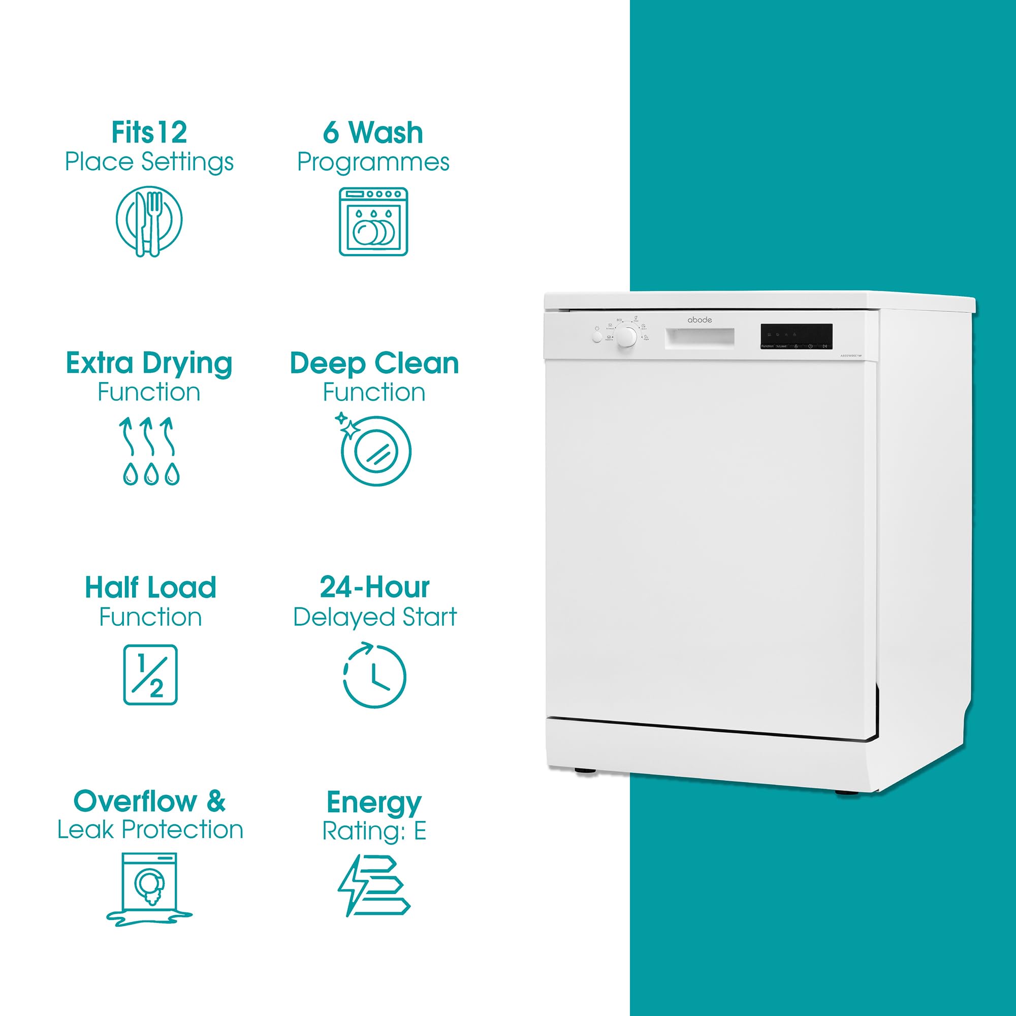 Abode Freestanding Dishwasher Class E with 12 Place Settings, 6 Wash Programs, 24-Hour Delay Start, Removable Cutlery Basket & Deep Clean Function in White A60DW00E1W — view 2