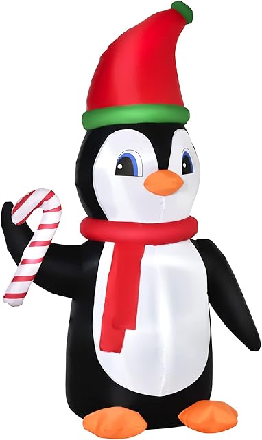 HOMCOM 8ft Inflatable Christmas Penguin Holding Candy Cane Blow Up Outdoor Decoration with LED Lights for Holiday