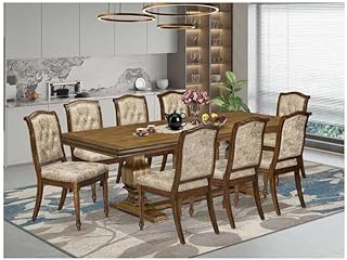 Baroque Beauty 9 Pieces Dining Room Set Includes a Rectangular Kitchen Table and 8 Light Beige PU Leather Modern Dining Chairs, Antique Walnut Finish