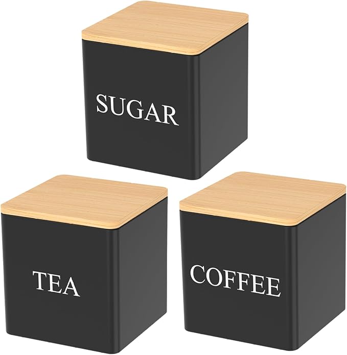 Set de Contenedores para Café, Té y Azúcar Gcroet, Metal, Tapa de Madera, 3.4 Pulgadas miniatura 4