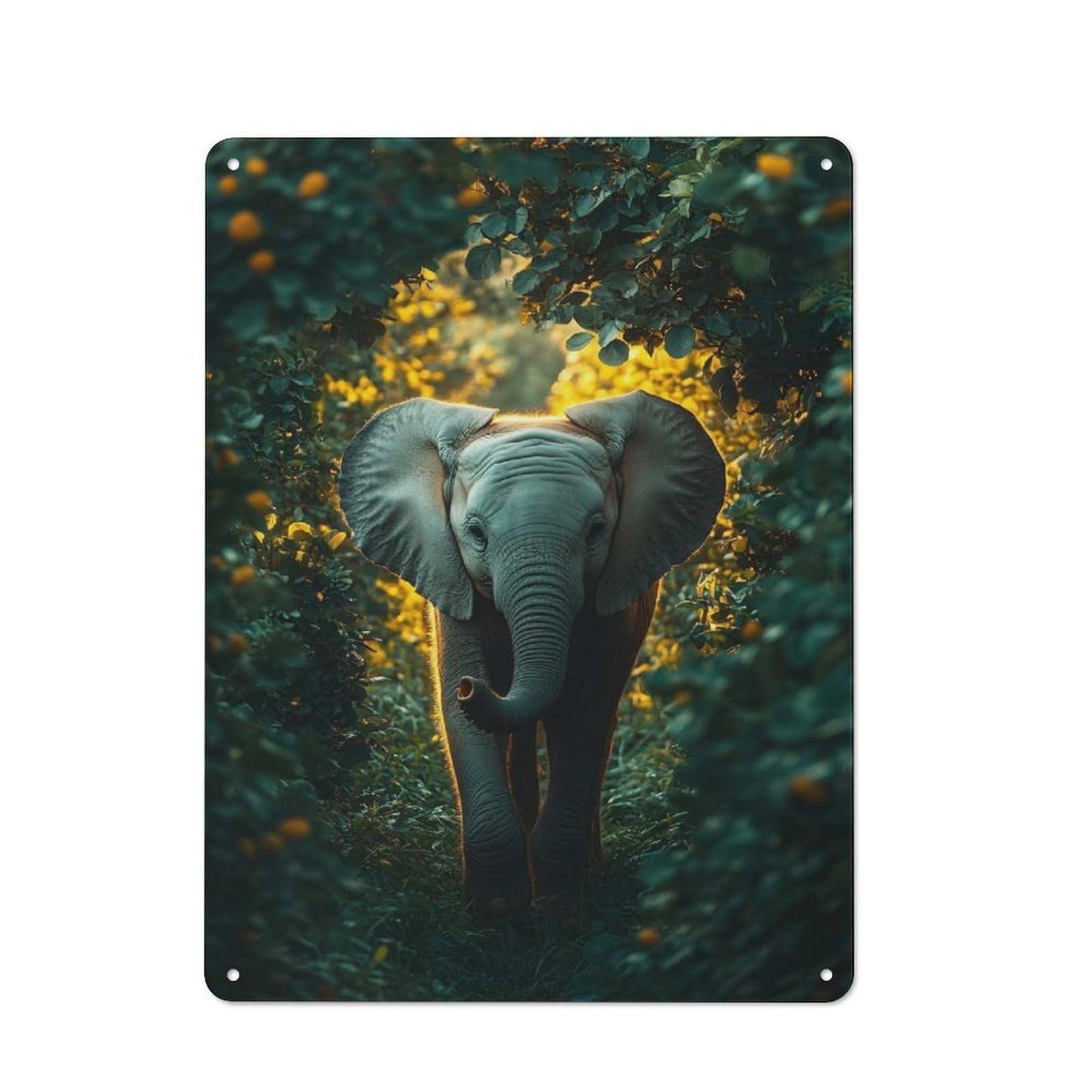 Baby Elephant in Lush Greenery Decorative Tin Sign 40x30cm, Old Fashioned Vintage Wall Decor for Lounge, Study, Pub Or Wall Gallery