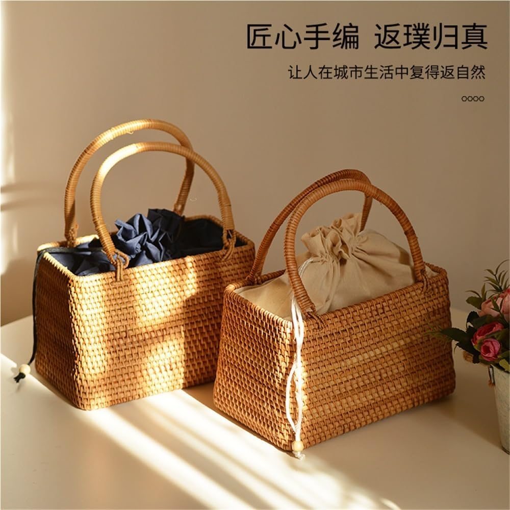 Luopan Storage Accessories, 1-Pack, Retro Style Portable Basket, Exotic Collection Picnic Bag, Handwoven Rattan Weaving Handbag(C 26x12x25cm)