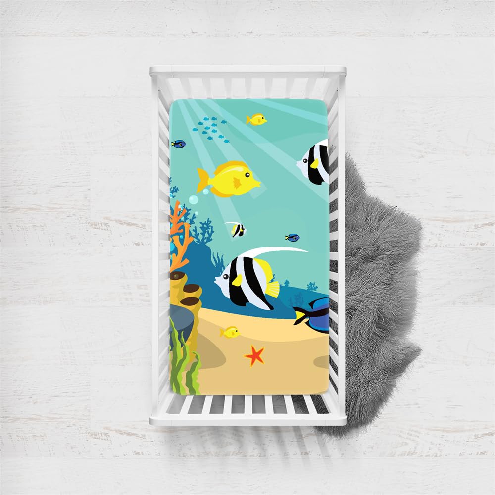 Odot Cot Bed Sheets Fitted Sheets Travel Cot Sheets Cartoon Ocean Island Print Microfiber Cozy Lightweight Breathable Mattress Protector for Baby Bedside Cribs Bassinet (90x140cm,Seaweed)