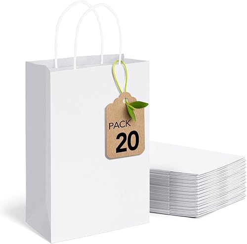 MESHA Bolsas de papel de regalo, 20 unidades, 5.25 x 3.75 x 8 pulgadas, color blanco, pequeñas bolsas de papel kraft para compras, a granel,