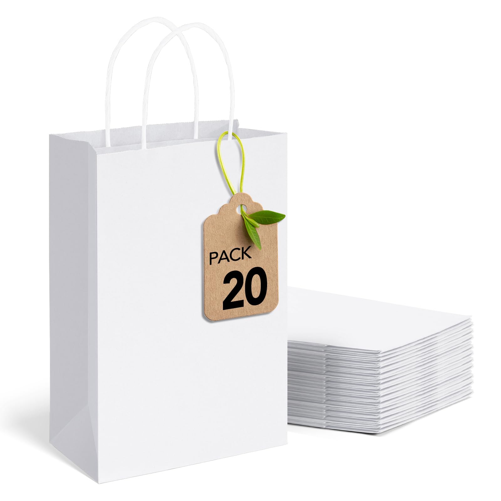 MESHA Gift Paper Bags 20Pcs 5.25 x 3.75 x 8 Inch White Small Kraft Shopping Bags Bulk with Handles, Reusable Bags for Small Business, Retail, Party Favor, Wedding, Made in USA
