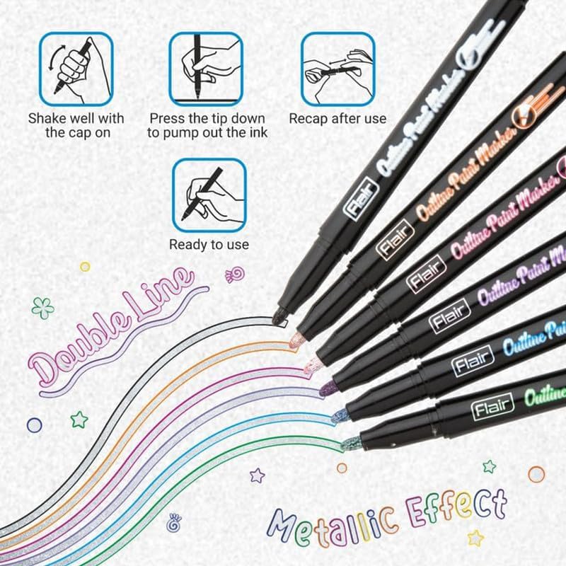 Image of FLAIR Creative Series 10 Vibrant Colourful Shades Hotline Fineliner & 6 Bright Colour Otline Pen Art Combo Pack | Ideal For Mandala, Doodling, Journal, Colouring, Painting, Multicolor