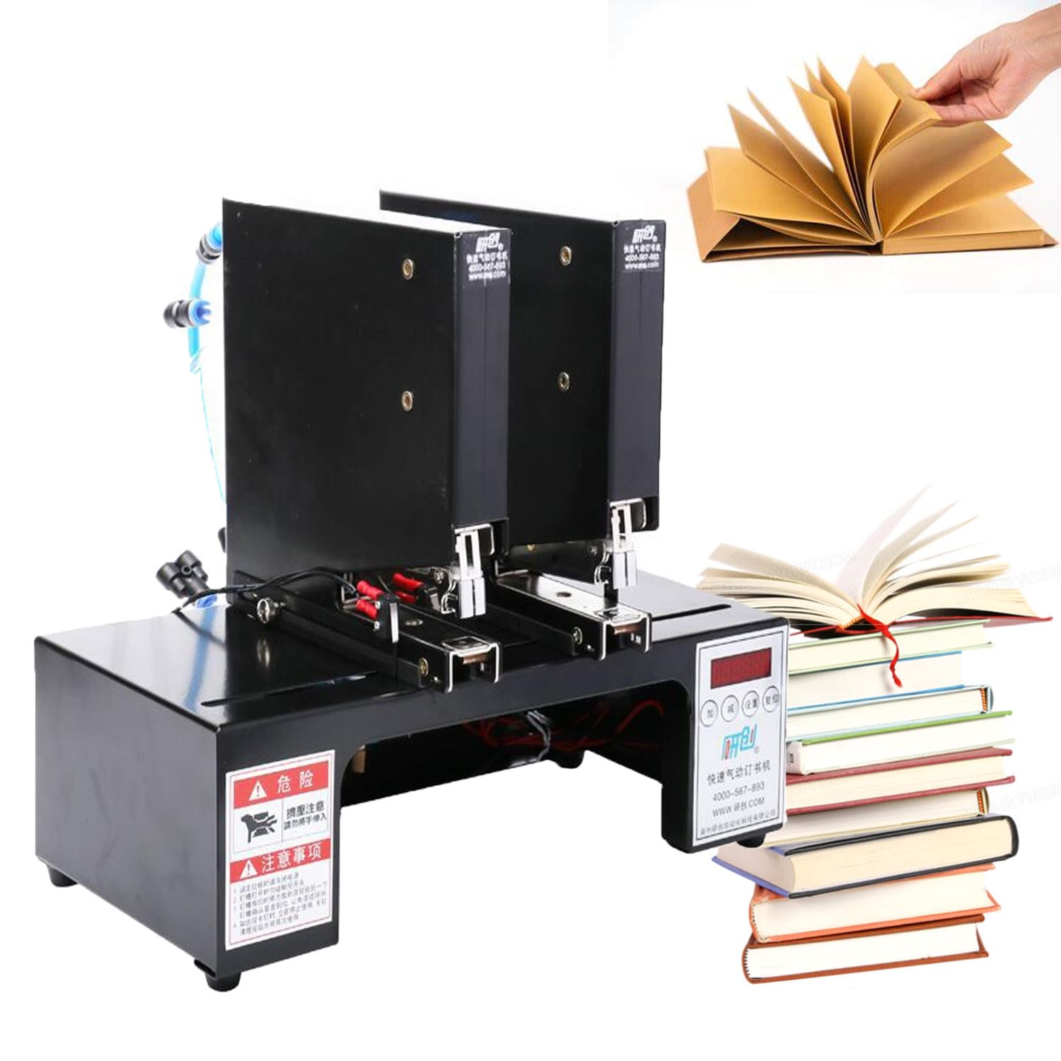 Elektrische Sattelbindemaschine, Doppelkopf-Pneumatikhefter, 100 mm Papiertiefe, 35 Blatt Kapazität, verstellbarer Klammerabstand, für Druck & Bürogebrauch