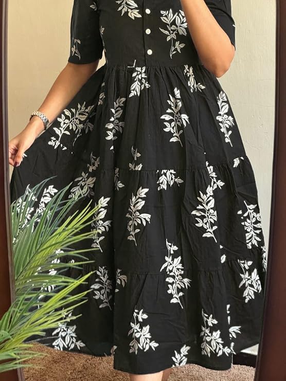 Image of Women's Floral Print Midi Dress, Puff Sleeves, Tiered Skirt, V-Neck, Casual Wear