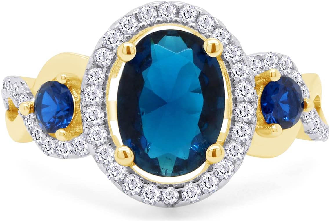SAVEARTH DIAMONDS Three Stone, Oval Cut 8x6MM Center, Round Cut Simulated Blue Sapphire And White Cubic Zirconia Infinity Oval Halo Engagement Ring In 14k Gold Over Sterling Silver
