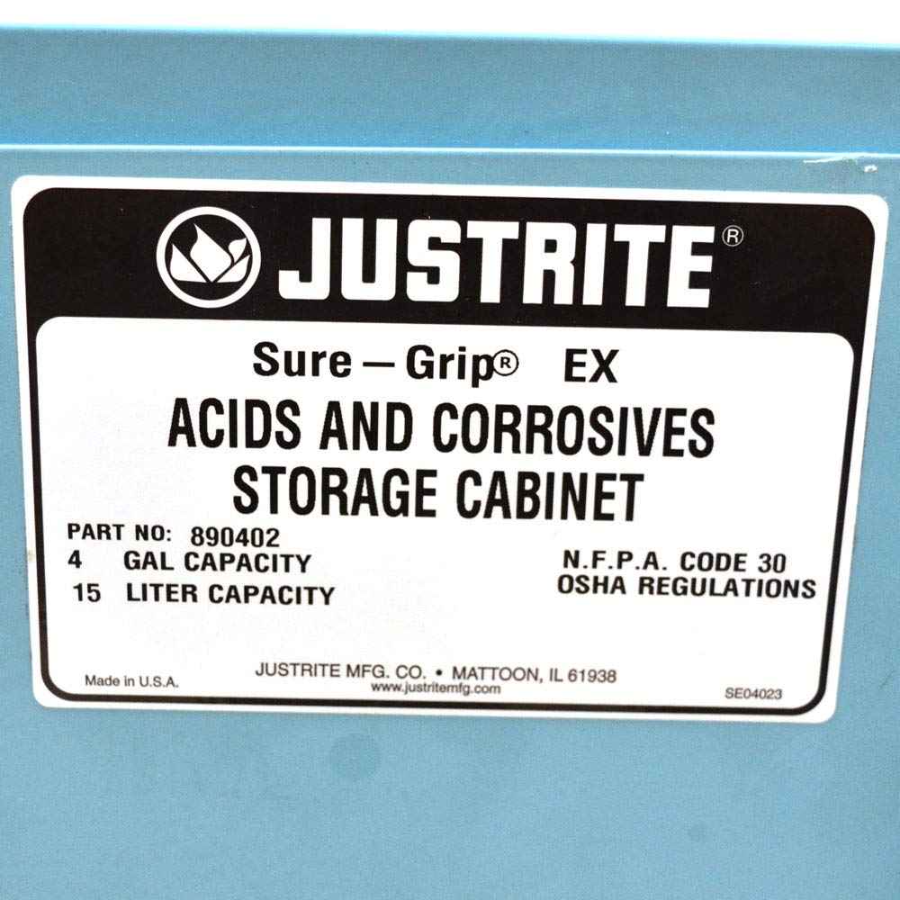 Justrite 890402 Sure-Grip EX Galvanized Steel 1 Door Manual Countertop Corrosives Safety Storage Cabinet, 4 Gallon Capacity, 17" Width x 22" Height x 17" Depth, 1 Adjustable Shelfs, Blue: Hazardous Storage Cabinets: Industrial & Scientific