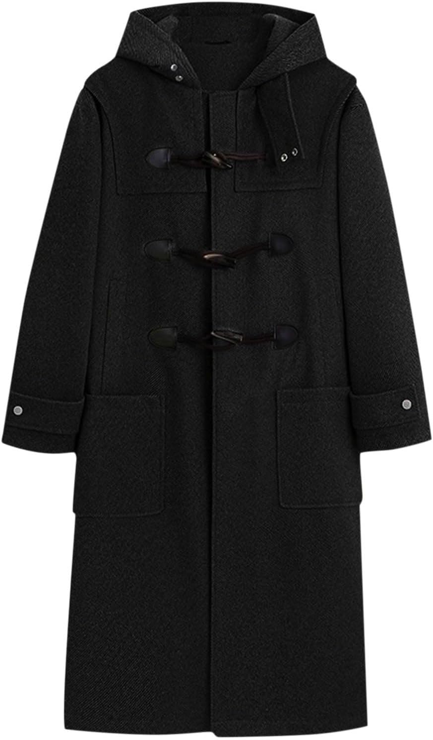Men's Wool Toggle Duffle Coat Long Sleeve Pocket Hoodies Winter Coat with Leather Buckles Oversized Walking Overcoat - Image 5