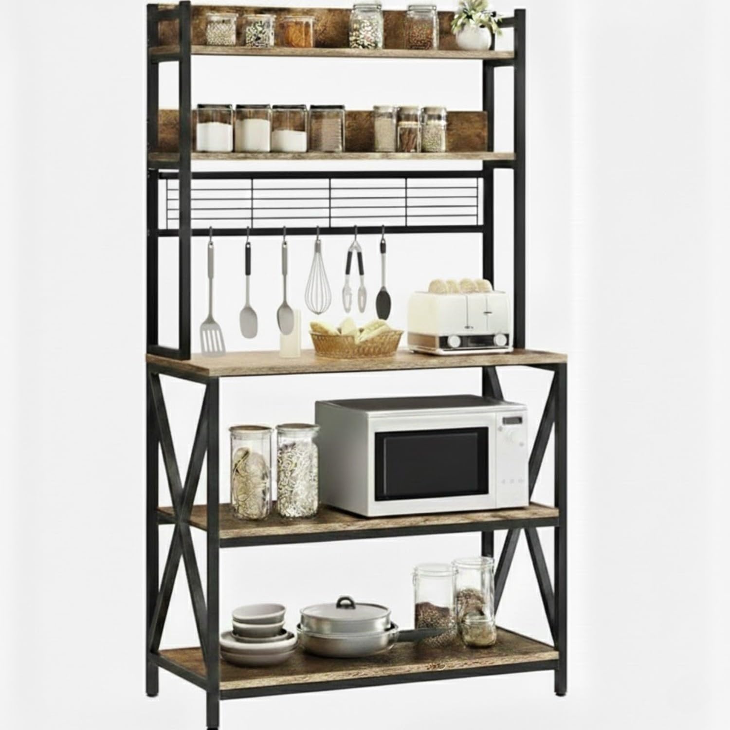 TEKAVO Lita Microwave Stand | 5 Tier | Oven Stand for Kitchen | Multilayer Stand | 100L x 40W x 170H CM | Black & Rustic Brown - DIY-image-31