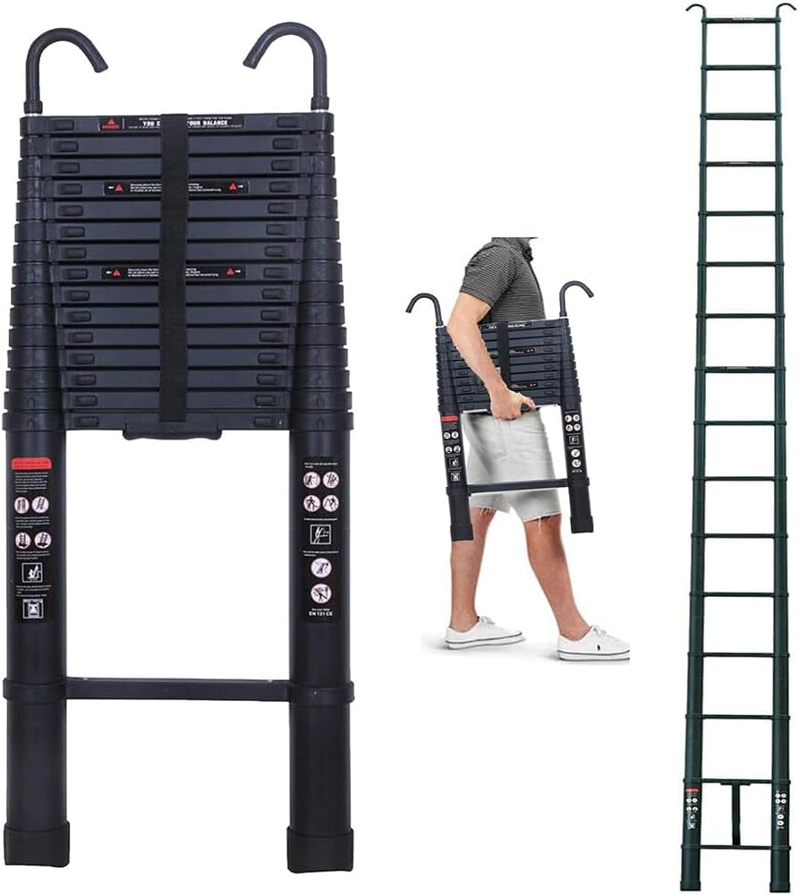 6.2M/20.3FT Telescoping Ladder, Aluminum Telescopic Ladder with 2 Detachable Hooks,Extension Ladder Fully Extended 244",Multi-Purpose Ladder for Home Use or Outdoor Working,330 Lb Capacity,EN131