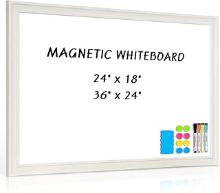 QUEENLINK 24x18 Magnetic Dry Erase Whiteboard with Vintage White Wooden Frame - Wall-Mount for Home Office School Dorm