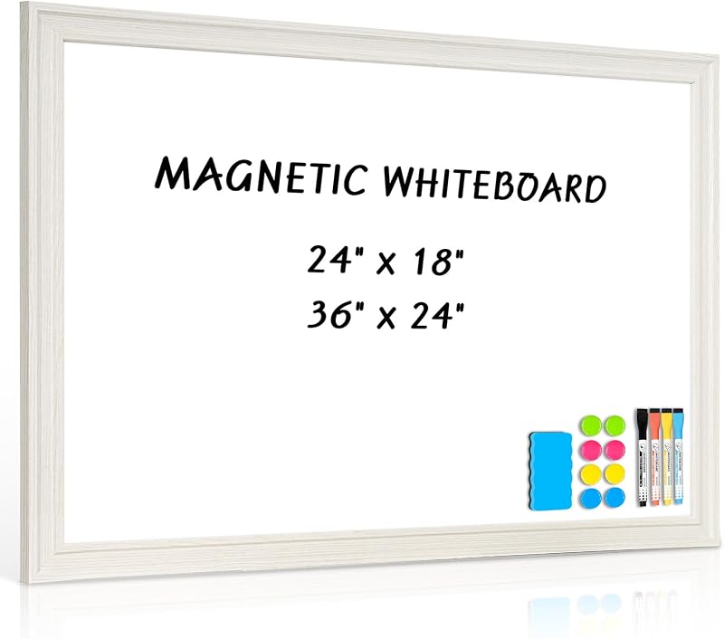 Pizarra blanca para pared, pizarra magnética de borrado en seco de 24 x 18 pulgadas, blanco vintage | Marco de madera, pizarra blanca decorativa, montada en la pared, para el hogar, oficina, cocina, dormitorio, 4 rotuladores, 6 imanes, un borrador