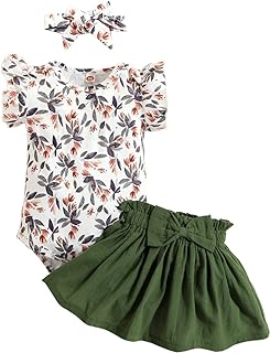 KONFEN Conjunto Ropa Bebe Niña Recien Nacido, Manga Corta Mono con Volantes + Falda + Diademas Conjunto de 3 Piezas para B...