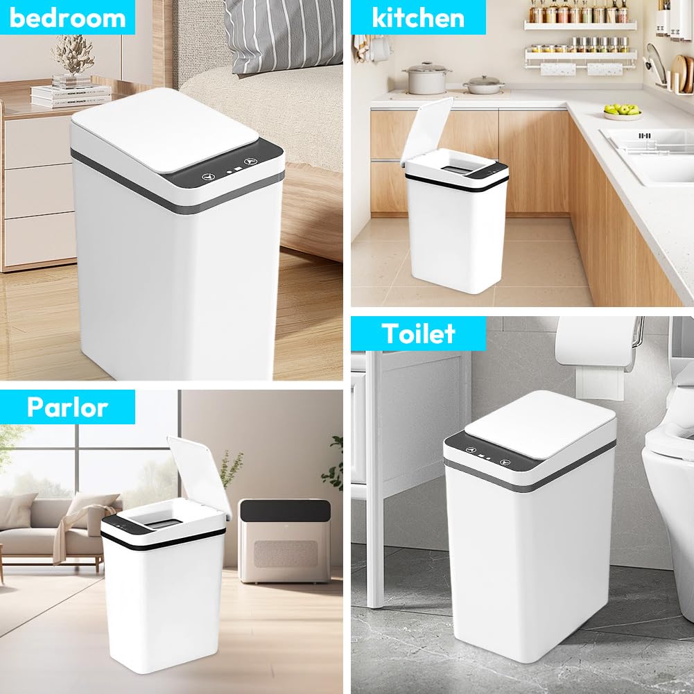 Cubo de Basura Para Baño, 12 L, con Sensor Inteligente, Es un Cubo de Basura de Plástico ABS para la Cocina Está Equipado con Una Tapa, se Cierra Silenciosamente y Es Resistente Agua (Blanco)