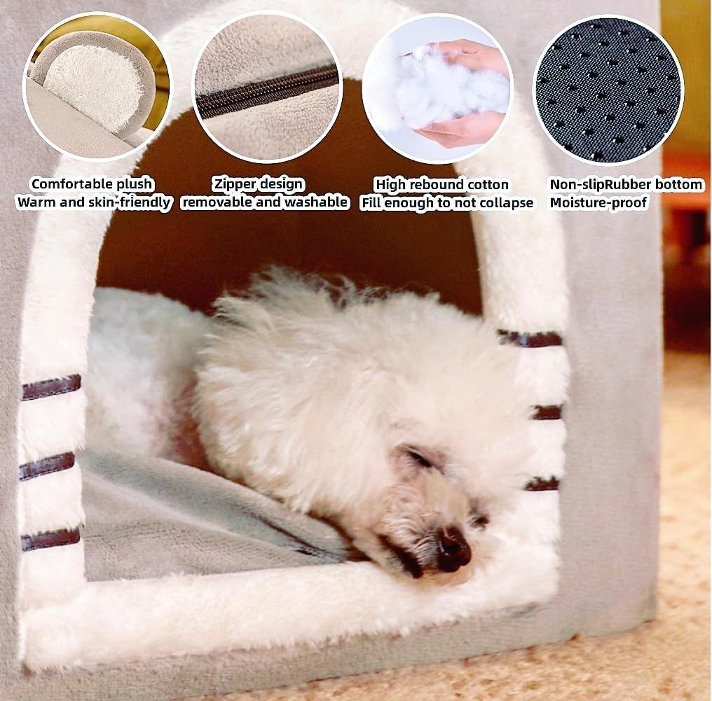 review Dog Cat House Indoor, Plush Dog House Kennel Bed Cozy Pet Bed House with Cushion, Winter Warm Cat Nest Cave for Dogs Cats (Grey, Large)