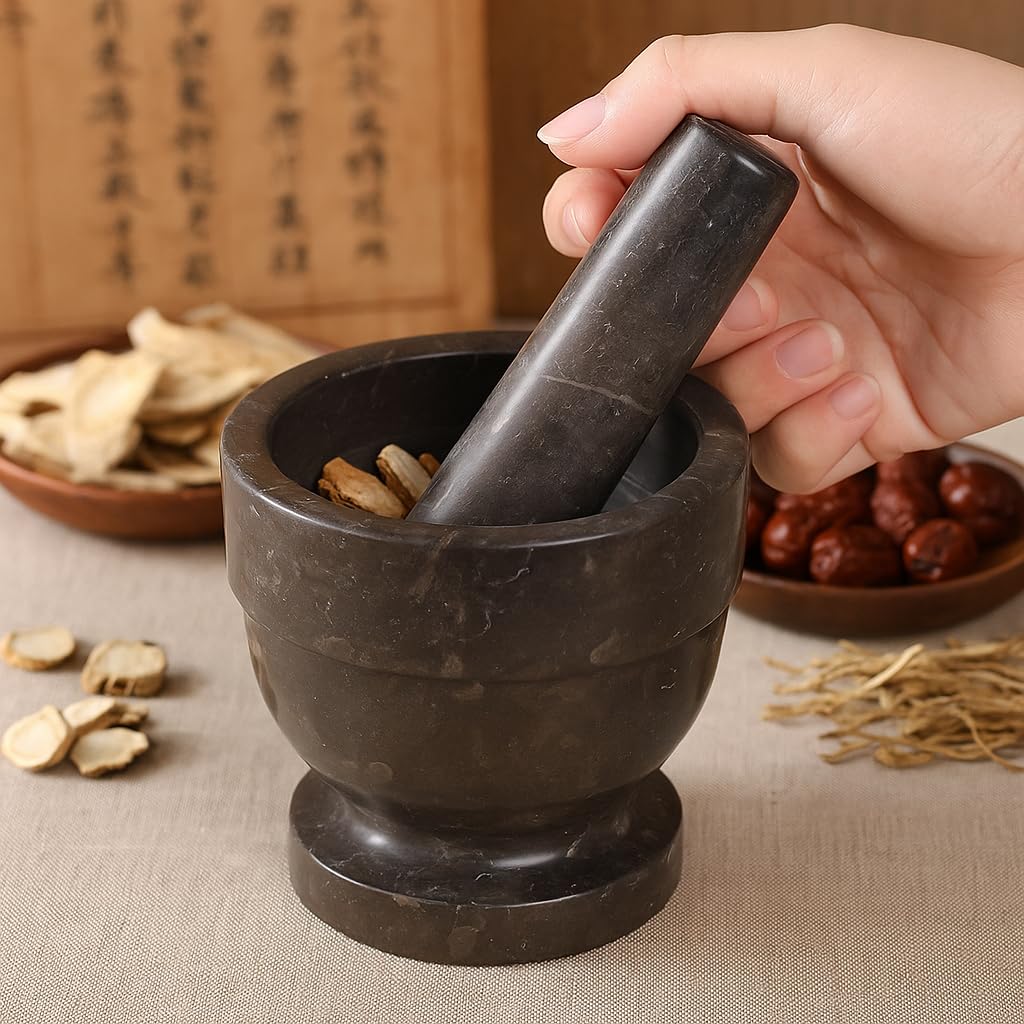 Natural Charcoal Marble Mortar & Pestle – Handcrafted Stone Grinder for Spices, Herbs & Kitchen Essentials (5.9” Diameter)