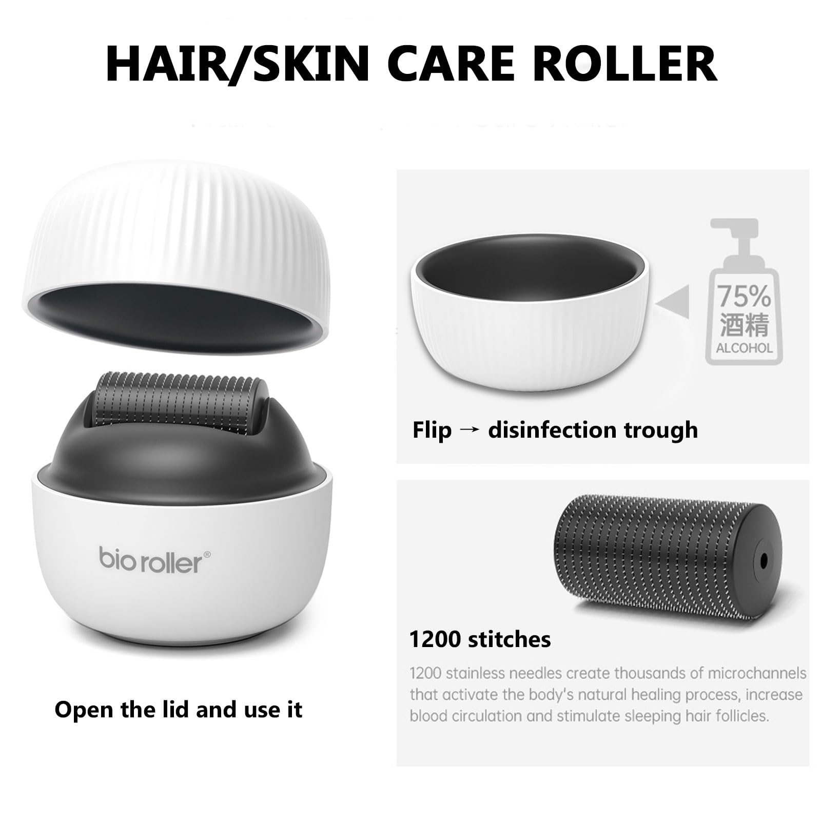 Derma Roller, Dermaroller Cheveux 0.5 mm, Dermaroller Barbe avec 1200 Aiguilles Micro-Aiguilles, Roller Cheveux Repousse, Pousse Barbe, Microneedling Visage, Beard Roller, Massage Cheveux