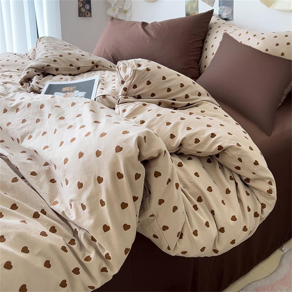 Sedefen Cute Heart Duvet Cover Queen Size Brown Love Pattern Bedding Set Kids Boys Girls Heart-Shaped Printed Soft Breathable Microfiber Comforter Cover 3Pcs with 2 Pillowcases