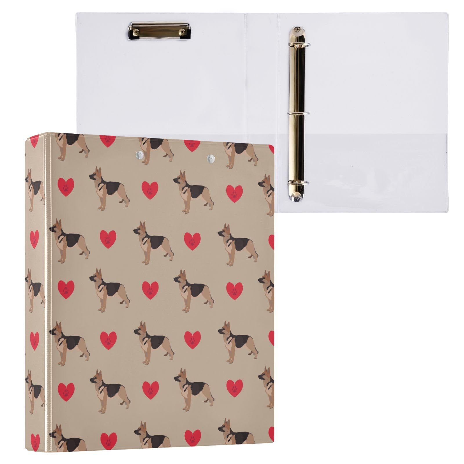 German Shepherd Dog with Red Hearts 3 Ring Binder 1.5" Decorative D-Ring Binder with Clipboard&3 Clear Pockets, Holds 200 Sheets A4 Size Paper Waterproof Binders for School Home Office