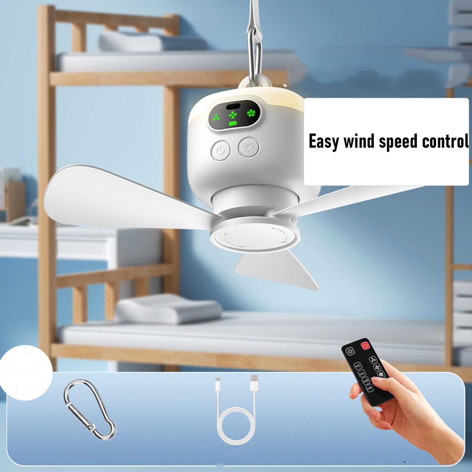 Deckenventilator mit 8000-mAh- und Fernbedienung, USB-wiederaufladbarer Hängeventilator für Zelte, Camping und Wohnmobile, 3 Geschwindigkeitsstufen, Leiser Bürstenloser Motor,