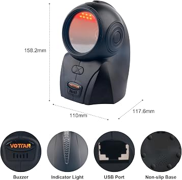 VOTTAN Automatic Omnidirectional Barcode Scanner, USB Wired 1D 2D QR Code Scanner, Hands-Free Screen Scanning Desktop Barcode Reader for Supermarket, Retail Store, Library, Warehouse
