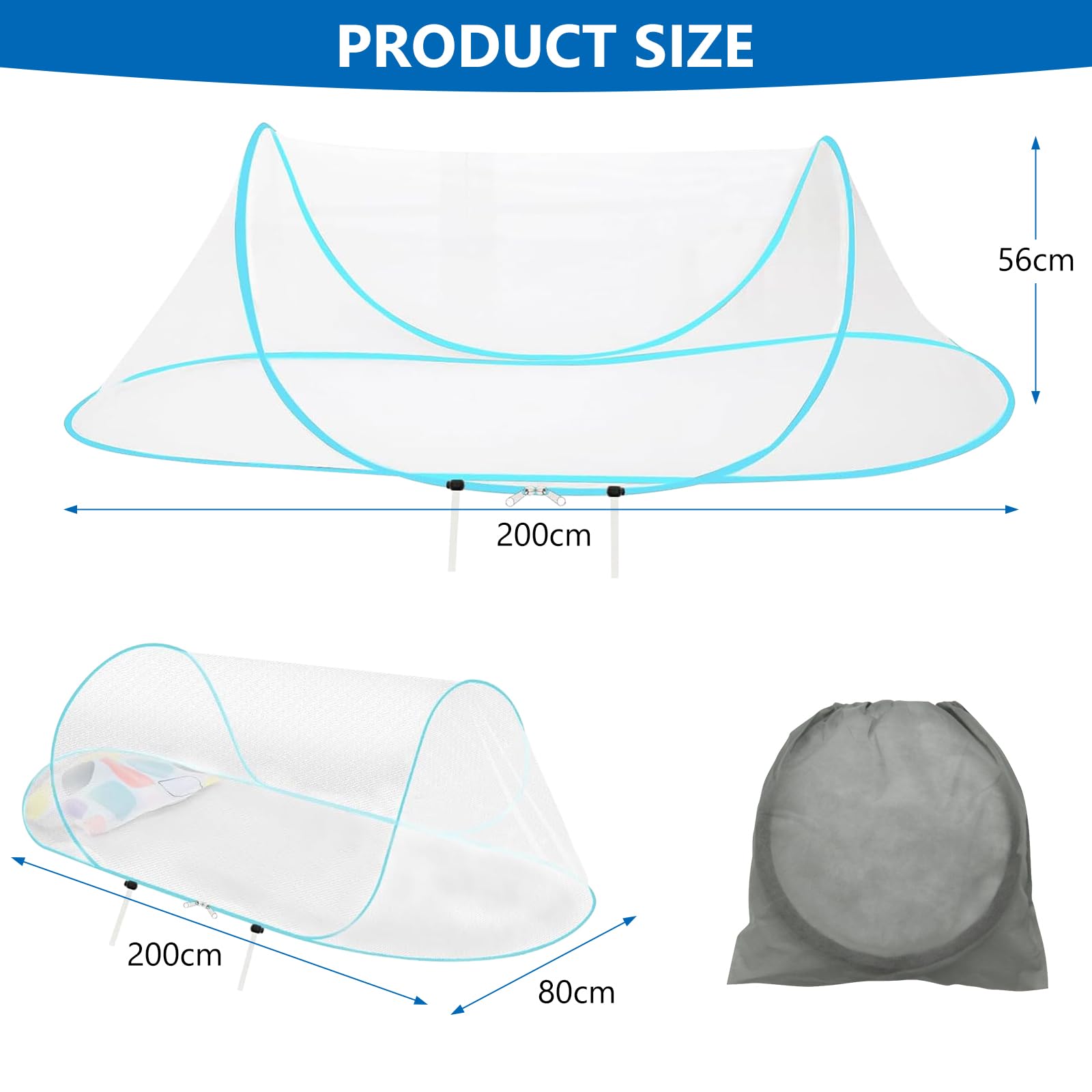 Zanzariera pieghevole pop-up ultra leggera, 200 x 80 cm, per camera da letto, campeggio