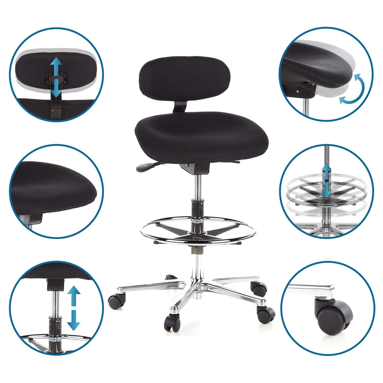 hjh OFFICE Silla de Trabajo Taburete de Trabajo Silla giratoria Work MF Tela Respaldo de Altura Regulable Negro