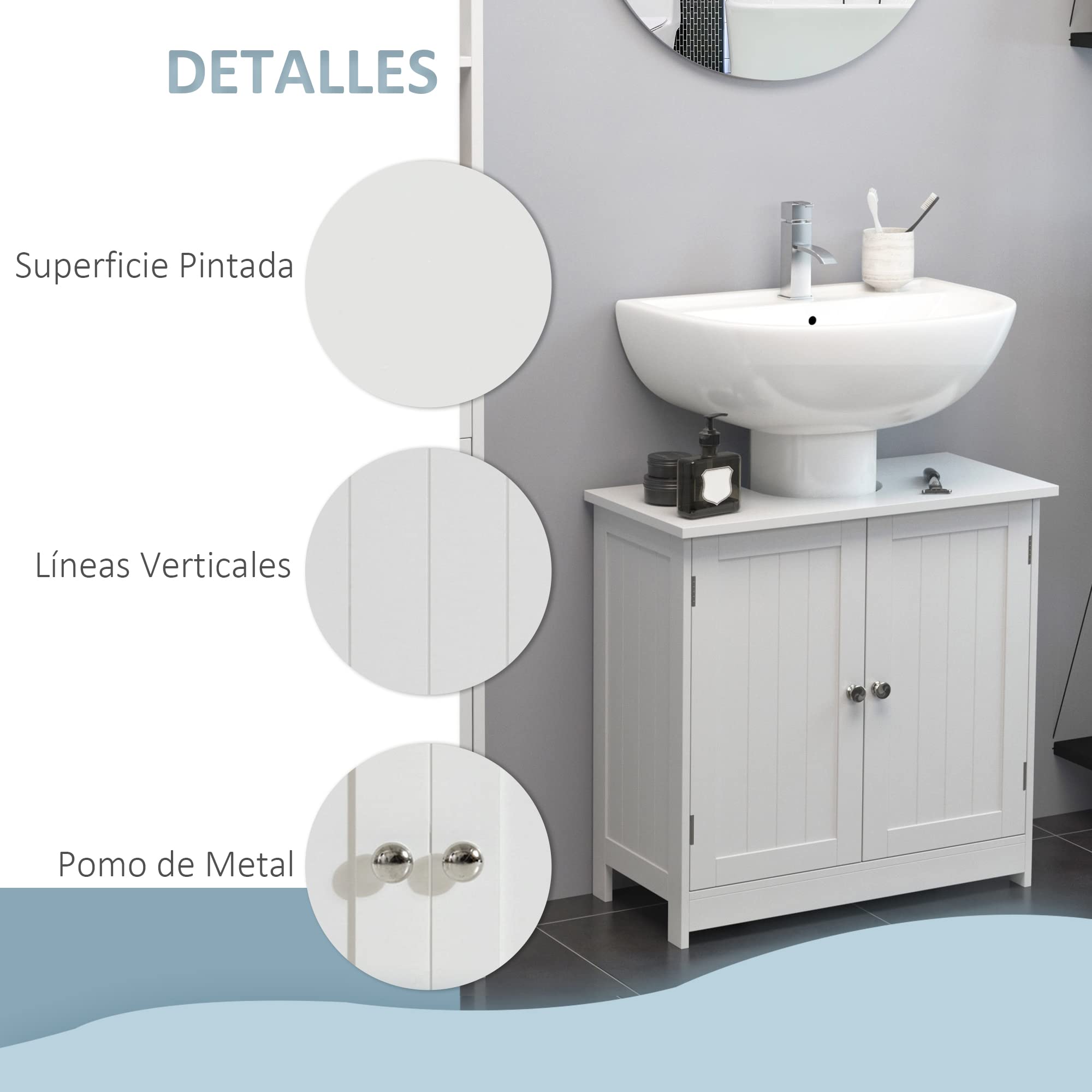 HOMCOM Mueble bajo Lavabo 2 Puertas con o sin Pedestal 60x30x60 cm Blanco | Mueble de Baño, Estante Ajustable, Armario de Baño para Lavabo, Estilo Moderno